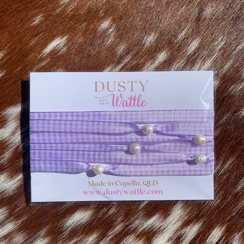 Purple Gingham and Pearl Necklace