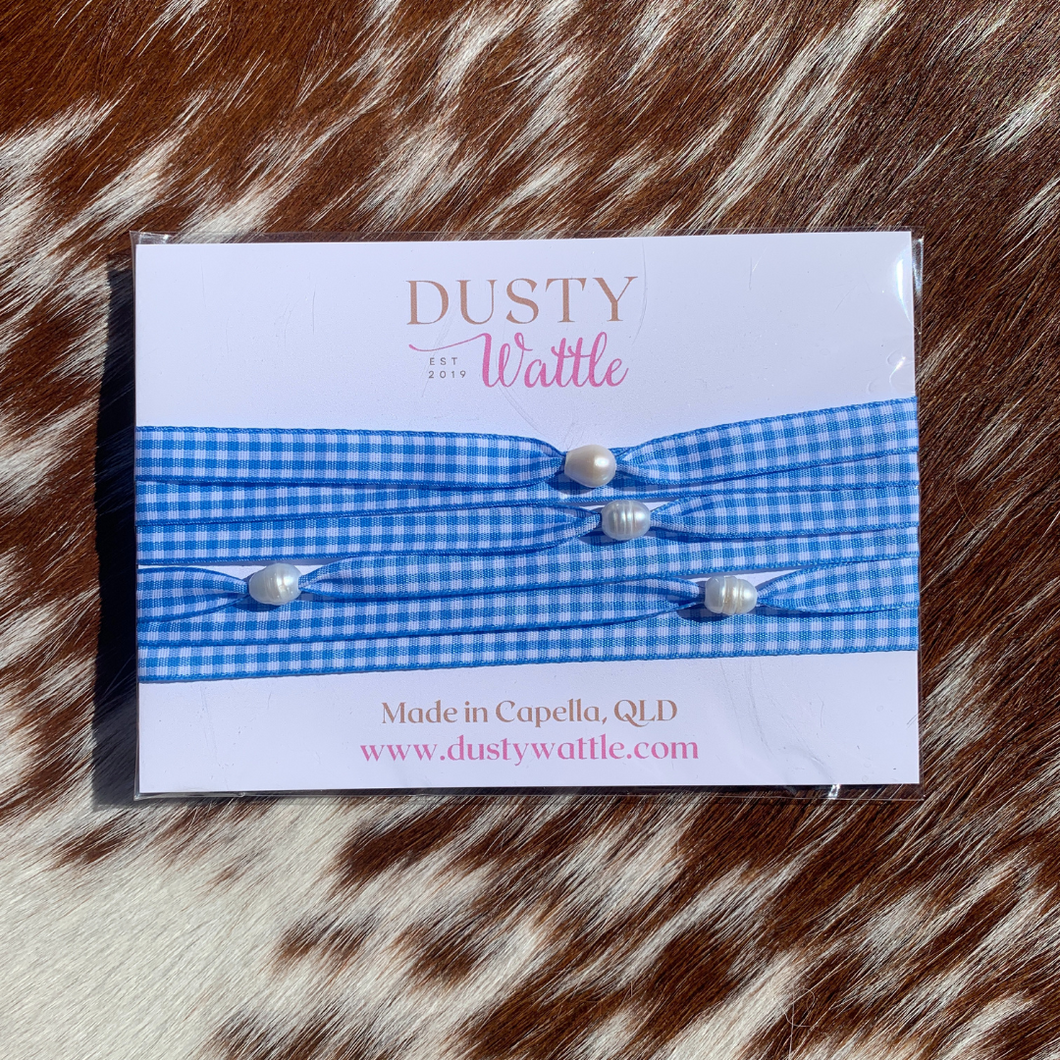 Medium Blue Gingham and Pearl Necklace