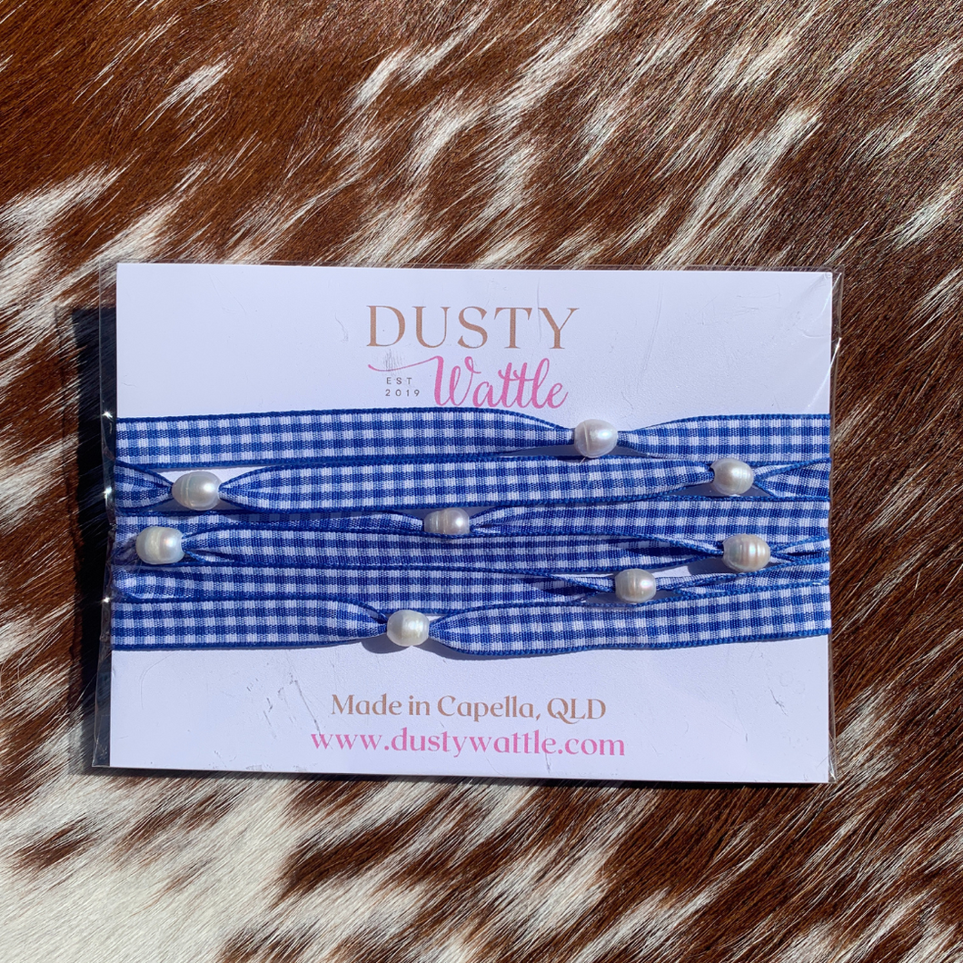 Dark Blue Gingham and Pearl Necklace