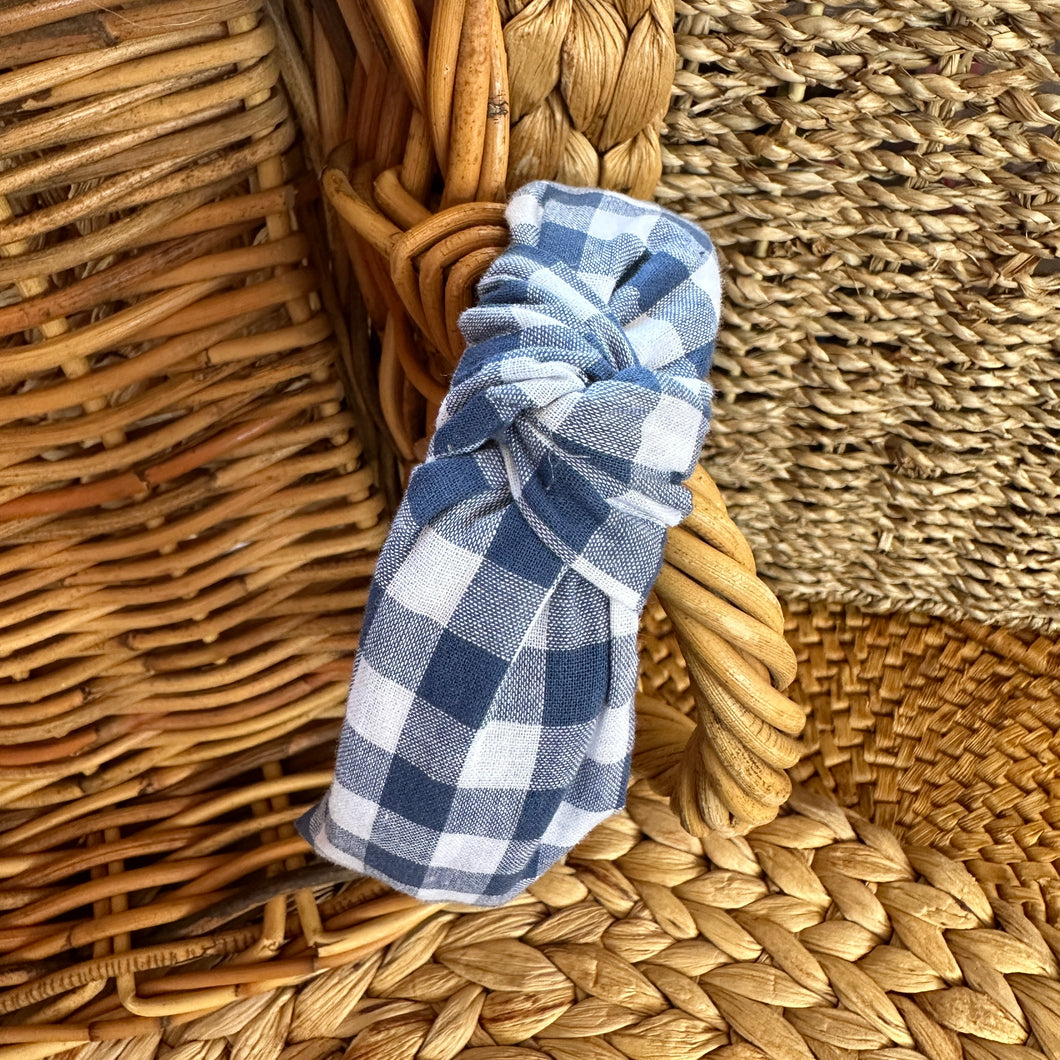 Knotted Headband- Denim Gingham